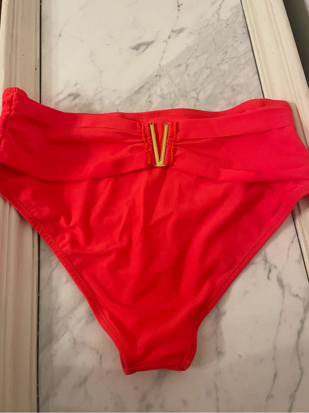 High-Waist Women's Swim Bottoms in Orange with V Accent
